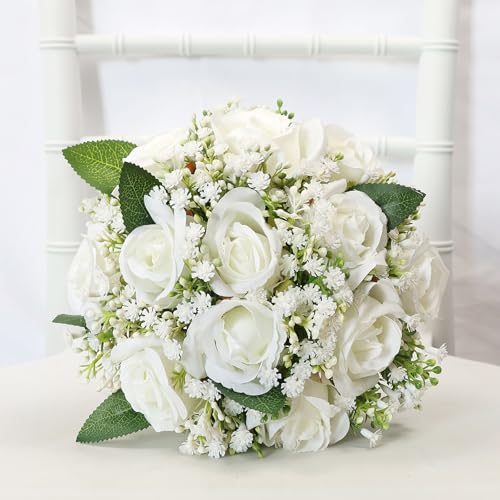 Set of 4 Bridesmaid Bouquet White Wedding Flowers Bouquets - Artificial Rose and Baby's Breath Rustic Small Floral Bouquet for Bridesmaid Fake Sage Green Boho 7 inch Wedding Decor - color: White Rose, size: Set of 4 Bridesmaid Bouquets