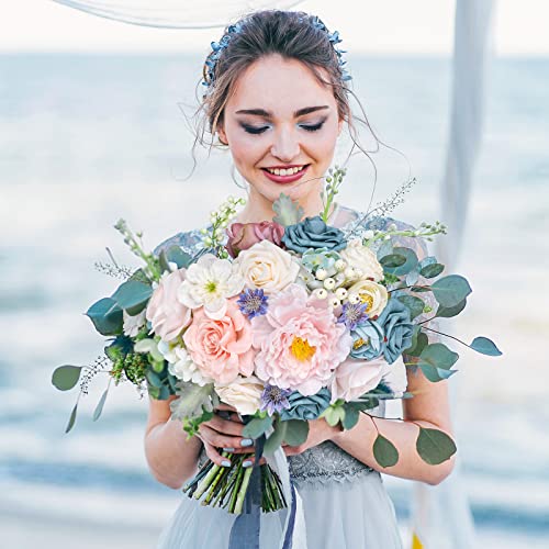 AmyHomie Blue Pink Artificial Flowers Combo Silk Mix Peony Rose Hydrangea Daisy Fake Flowers w/Stem for DIY Wedding Bouquets Centerpieces Arrangements Table Decor Party Bridal Baby Shower Home Decor - color: Blue Pink