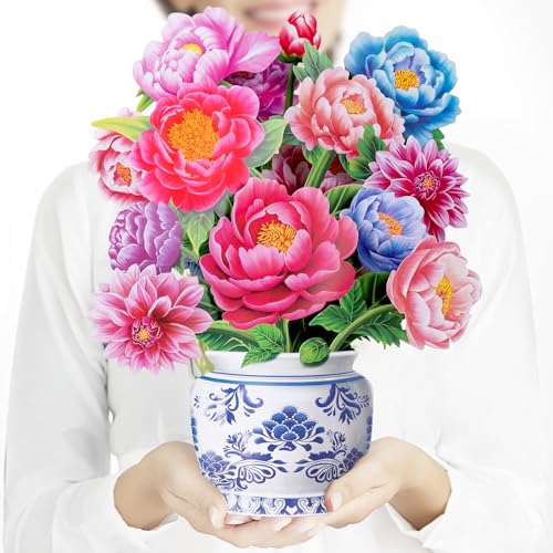 Airpark Pop Up Flower Bouquet Card for Women, 3D Floral Greeting Card with Envelope and Note, Birthday Thank You Thinking of You Get Well Gift for Mom Friend Wife Teacher, Peony - style: Peonies