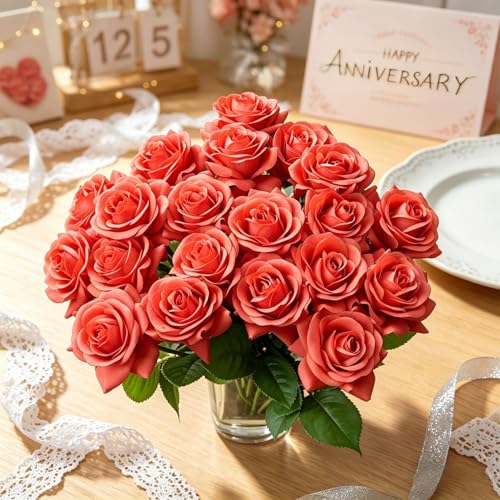 10 Pcs Real Touch Artificial Roses Fake Rose Long Stem Silk Faux Flowers Bridal Bouquet for Wedding Home Decor Romantic Valentine Gifts (Red) - color: Red