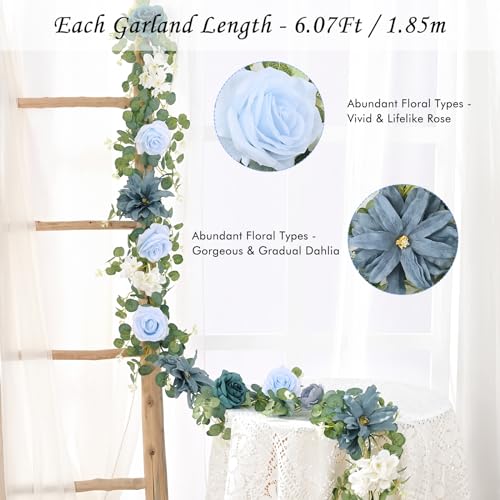 Waipfaru 6.07Ft Artificial Eucalyptus Garland With Flowers - Wedding Table Decorations, Floral Rose for Centerpieces, Backdrop Wall Flower Vines, Room Decor (Dusty Blue) - color: Dusty Blue-6.07ft, size: 1 Pack