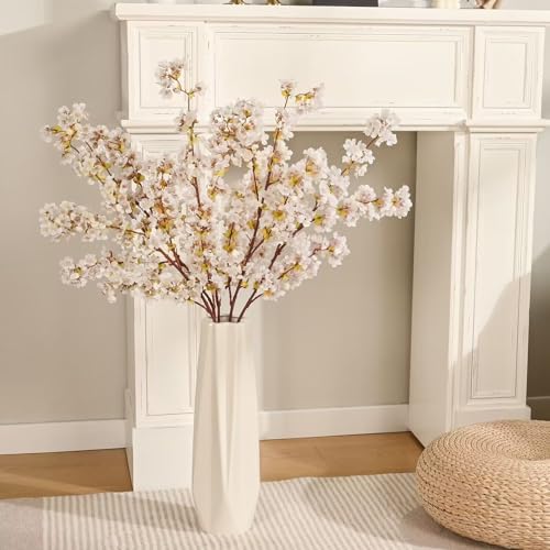 Sunm Boutique Silk Cherry Blossom Branches, Artificial Cherry Blossom Tree Stems Faux Cherry Flowers Vase Arrangements for Wedding Home Decor, Set of 5 - color: White, size: Pack of 5