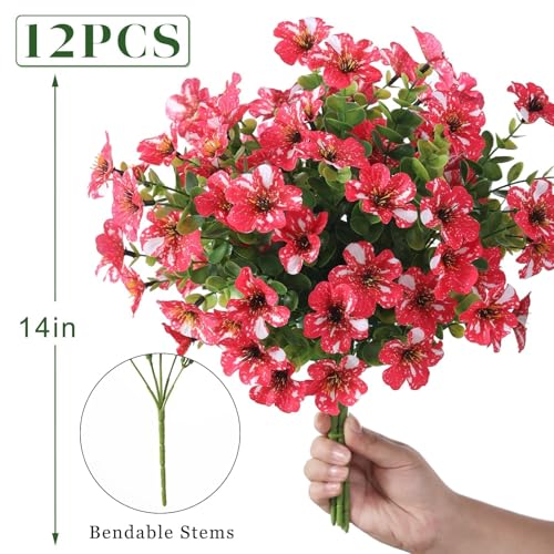 GLIDLION 12 Bundles Artificial Morning Glory & Eucalyptus for Outdoor, Realistic Fake Silk Flower UV Resistant Faux Plant for Front Door Patio Garden Farmhouse Decor (Rose Red) - color: Rose Red
