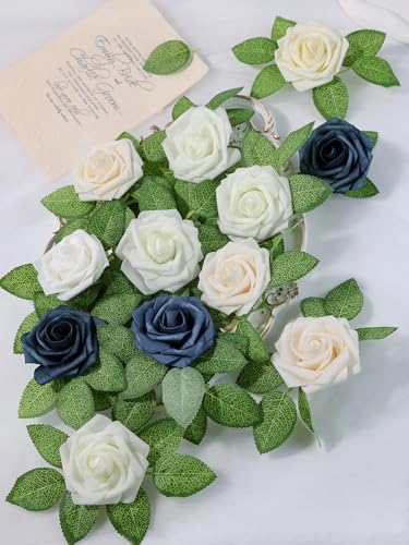 Artificial Flowers 25 Pack Ivory Ivory White Faux Foam Roses with Stems, Real Looking Fake Rose for DIY Wedding Bouquets, Bridal Shower Centerpieces, Party Table Decorations, Home Decor - color: Ivory White, size: 25Pcs