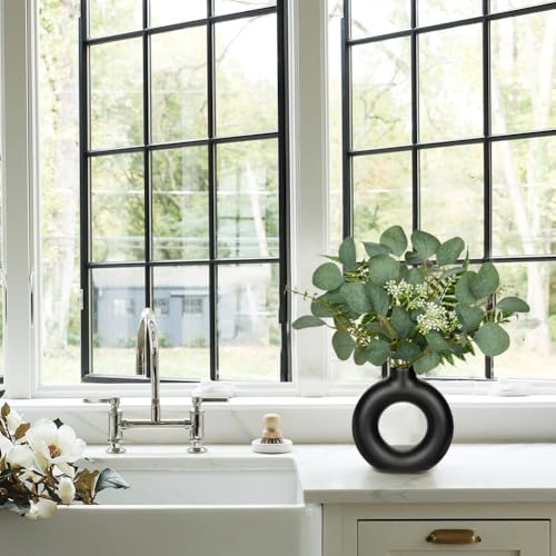 Artificial Eucalyptus Stems in Ceramic Vase 14.23" Fake Eucalyptus Plant Decor Black Donut Vase with Greenery Centerpiece Table Decorations Small Faux Green Plant for Home Farmhouse Wedding Table - color: Black