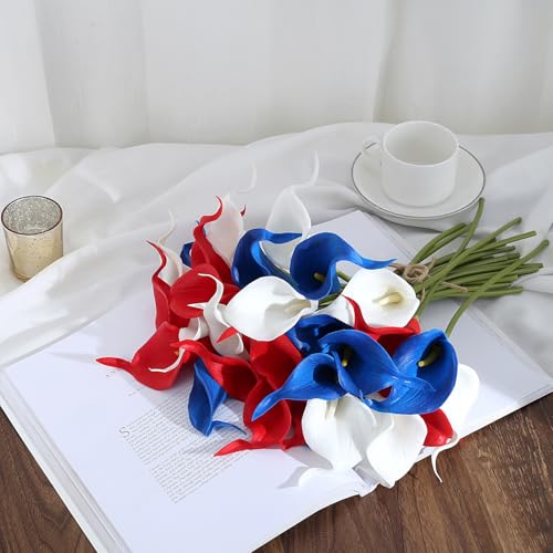 24 Pcs Patriotic Calla Lily Flower 4th of July Artificial Flowers Fake Blue White Red Silk Flowers Real Touch for Independence Memorial Day - color: Red-blue-white