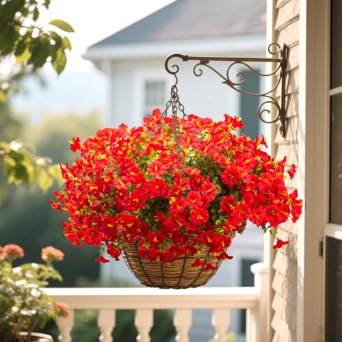 Grunyia 16PCS UV Resistant Artificial Morning Glory Flowers with Eucalyptus - Red Faux Silk Plastic Fake Plants for Outdoor Indoor Garden Porch Planter Window Box Wedding Home Decor - color: Red