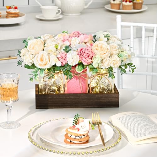 BLEUM CADE Centerpiece Table Decorations - Mason Jar Lights Centerpiece for Kitchen Dining Table Farmhouse Coffee Table Wedding Home Decor with 3 Jars Roses Artificial Flowers & Wood Tray - color: Pink-rose