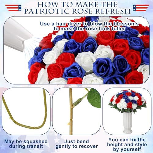 72 Pcs 4th of July Artificial Roses, Red, White, Blue Patriotic Silk Roses for Independence Day, Home Cemetery Decor, Realistic Faux Flowers with Stems(20 inch Bouquet, Indoor/Outdoor Use) - color: Blue,red,white