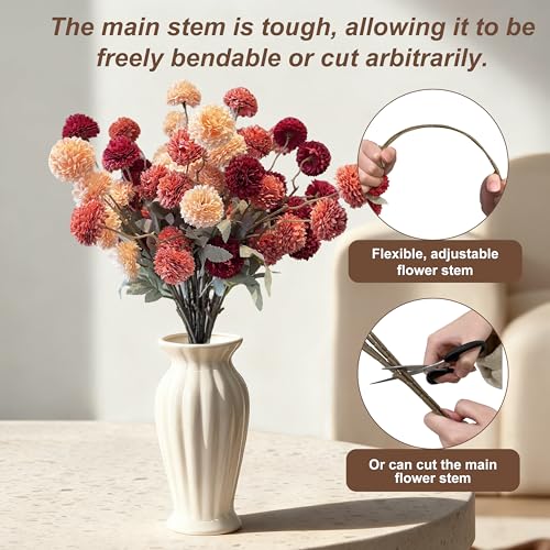 12pcs Artificial Flowers Faux Silk Pompon Mum, Fake Kiku Flowers with 21" Long Stems & 5 Heads Each Stem, Mini Small Chrysanthemum with Stems for DIY Wedding Bouquets Centerpieces Home Decor - color: Burgundy, Burnt Orange, Champagne, size: 12 PCS