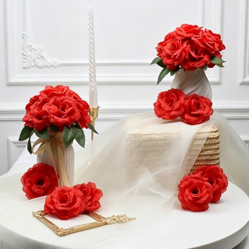 Eternal Blossom 50 Pcs Rose Flower Head, Artificial Flowers Bulk for DIY Crafts, 3in Fake Rose Silk Flower Head wit Stem, Faux Flowers for Decoration, Wedding Home Party Decor Garland Decor (50, Red) - color: Red