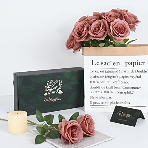 Waipfaru 16 Pcs Artificial Flowers Fake Silk Dusty Roses, Faux Real Touch Roses Bouquet with Long Stem for Wedding Party Home Decor (Dusty Rose) - color: B-dusty Rose, size: 16 Pcs