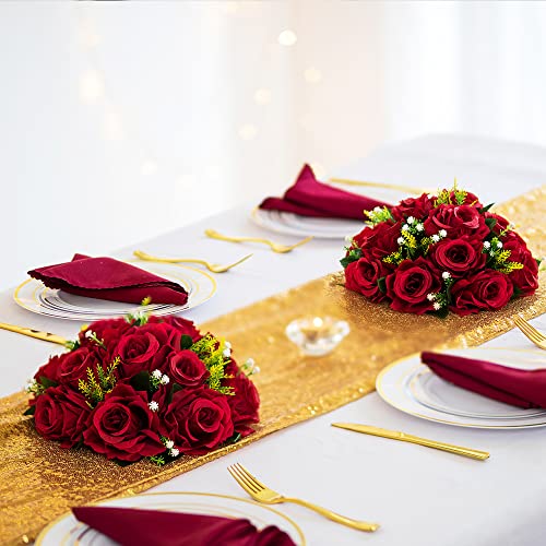 BLOSMON Flower Centerpieces for Tables Wedding: 10 Pcs Crimson Red Artificial Rose Flowers Balls Decoration - 9.5 Inch Fake Silk Kissing Floral Arrangement for Home Party Event DIY Decor - color: Crimson