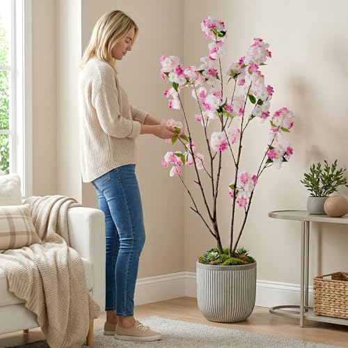 Ttranewsoo Fake Tree Cherry Blossom Tree 59In Artificial Cherry Blossom Tree Tall Fake Plant Faux Trees Indoor Artificial Trees for Home Decor Indoor Applies to Living Room Bedroom Balcony (Pink Rose) - color: 1.5m Pink Rose