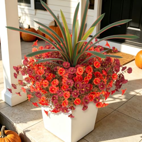 INXUGAO 13 Pcs Artificial Fall Flowers for Outdoors Fake Plant Autumn Decor | 12 Bundles Silk Morning Glory + Orchid Leaf UV Resistant Faux Flowers for Porch Planter Garden Patio Decor (Brown Orange) - color: Brown & Orange