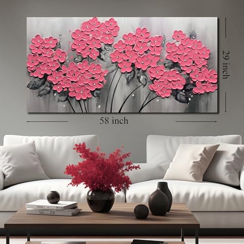 TYTAUPT Pink Flower Wall Decor For Bedroom Teen Girl,Large Floral Canvas Wall Art For Office Women,Hand Painted Textured Wall Art 29 x 58 inch - color: Pink, size: 58"L x 29"W