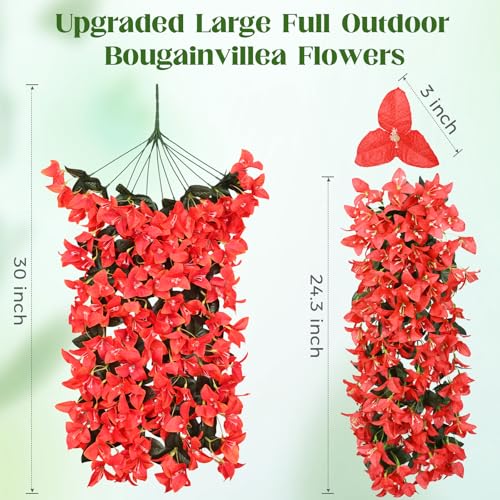 2Pcs Artificial Flowers for Outdoors - Red Realistic Faux Silk Bougainvillea Flowers, Fake Hanging Plants for Porch Patio Balcony Decoration - color: Red, size: 2 Pcs