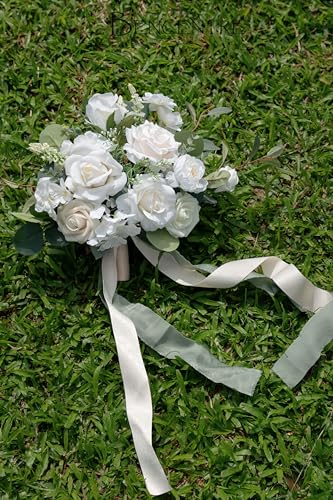 10 Inch White&Greenery Bridal Bouquet,Wedding Bouquet,Bride Bouquets for Wedding Ceremony Anniversary, Party and French Rustic Vintage Wedding,Artificial Flowers… - color: White & Greenery, size: 10 Inch