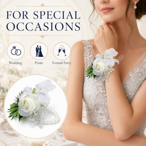 ChezMax Handmade White Wrist Flower Artificial Hand Flower with Ribbon 4 PCS for Bride Groom Wedding Prom Party - color: A-white Wrist Flowers-4 Pcs