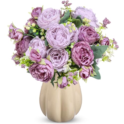Crowye 4 Bundles Peonies Artificial Flowers Silk Faux Peonies Wedding Artificial Flower Bouquet for Table Centerpiece for Home Wedding Decor Bridal Floral Arrangement(Purple) - color: Purple