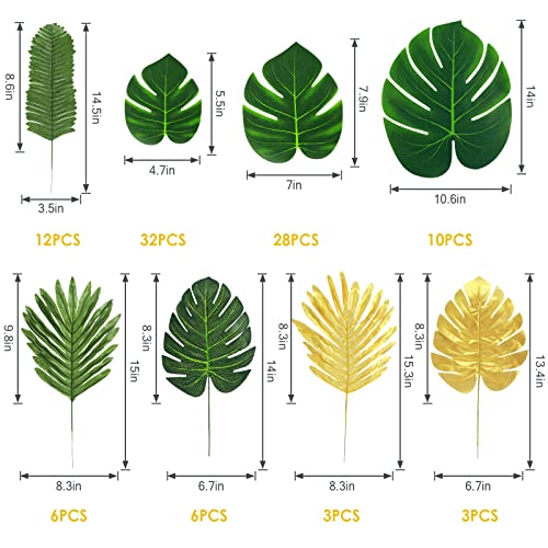 QUANQIUFEI 100 Pcs 8 Kinds Artificial Palm Leaves Tropical Fake Leaves, Monstera Leaf Gold and Green Faux Leaves for Safari Jungle Hawaiian Dinosaur Luau Party Table Decoration - color: Color a