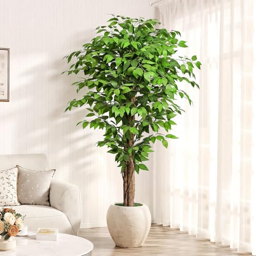 6.2ft Ficus Artificial Trees with 3 Natural Curved Trunks, 74" Tall Lush Faux Tree for Home Decor Indoor, Green Lifelike Fake Ficus Tree Artificial Plants - size: 6ft 2in