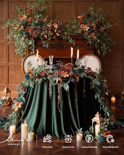 Ling's moment 9FT Flower Garland for Backdrop Decoration - Fall Wedding Arch Flowers, Eucalyptus & Rose, Artificial Floral Garland for Mantle - Sweetheart Table Decor for Ceremony, Teal & Orange - color: Or-dark Teal & Burnt Orange