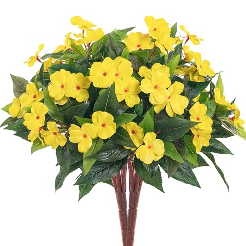 Fake Flowers Artificial Flowers For Outdoor，Artificial Plant Artificial Impatiens Bouquet Flowers For Outdoors Decoration，Silk Spring Artificial Plants For Outdoors Indoor Decor 2PCS（Yellow ） - color: Yellow-2