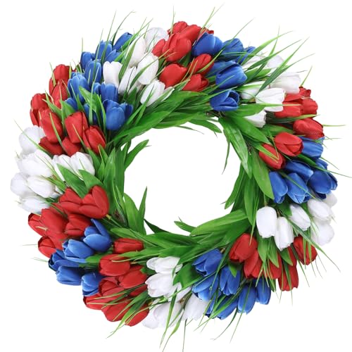 U'Artlines 20 Inch Tulip Patriotic Wreath for Front Door, 4th of July Summer Wreath with Green Leaves Red White Blue Tulip Flower Wreaths for Independence Day Anniversary Memorial Day Decor - color: Red White Blue, size: 20 Inch