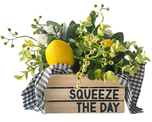 Lemon Decor | Mini Crate with Fake Lemons | Squeeze the Day, 5" W x 6" H | Lemon Decorations for Kitchen | Boho Kitchen, Cottage Core Decor | Lemon Themed Gifts (Squeeze The Day) - style: Squeeze The Day