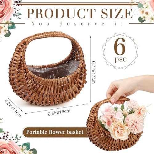 Hushee 6 Pcs Flower Girl Basket Small Wicker Basket with Handle and Waterproof Lining 6.7 x 6.5 x 4.3 Inch Rattan Tiny Baskets for Wedding Flowers Sweets Gifts Picnic Storage Home Decor