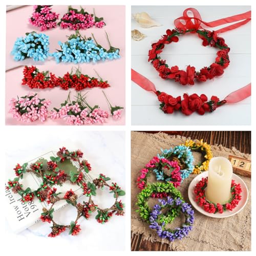 Rikyo 144Pcs Multicolor Mini Flower Stamens Berry Picks | Soft Stem, 20mm Tiny Berry for DIY Wedding Make Hair Clips,Cake Top,Candle Rings Wreath Flower - color: Multi Color