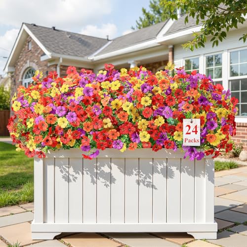 Alupssuc 24 Bundles Artificial Flowers for Outdoors Decoration, UV Resistant Silk Faux Floral Spring Summer Fake Plastic Plants Greenery for Outside Indoor Home Porch Window Box Decor, Mix 4 Colors - color: Red Purple Yellow Orange
