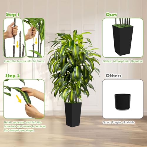 5FT Tall Fake Plant Artificial Dracaena Tree with Black Planter Faux Plants Indoor Living Room Artificial Plants Indoor Decor Large Fake Plant - color: Black, size: 5ft