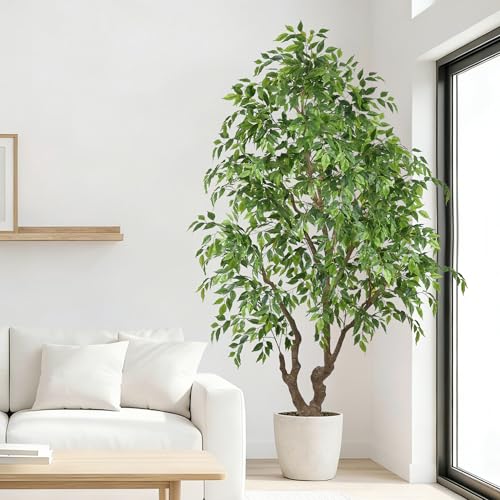 7ft Artificial Ficus Tree Indoor - Tall Faux Banyan Tree with 2294 Leaves & Realistic Trunk, 84" Large Fake Ficus Potted Plant for Home Office Living Room Porch Mall Decor