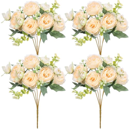 Crowye 4 Bundles Peonies Artificial Flowers Silk Faux Peonies Wedding Artificial Flower Bouquet for Table Centerpiece for Home Wedding Decor Bridal Floral Arrangement(Champagne) - color: Champagne