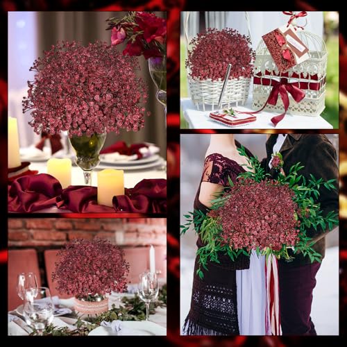 Baby's Breath Artificial Flowers, Maroon/Burgundy, 18pcs | Fake Gypsophila, Realistic Flowers, Wedding Arches Bouquets, Table Centerpieces, Party Decor - color: Red