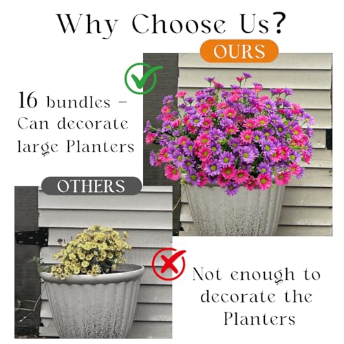 16 Bundles Silk Daisy Artificial Flowers for Outdoors UV Resistant Fake Daisies Plastic Plants Flower for Home Outside Front Door Porch Garden Patio Planters Decoration (Double Purple) - color: Double Purple