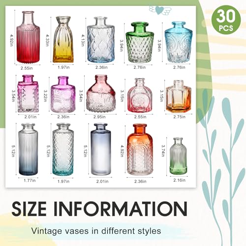 Yaomiao 30 Pcs Vases Bulk Colored Flower Glass Vases Bud Vintage Colored Glass Bottles Colorful Rustic Embossed for Home Wedding Table Decorations Gifts(Color Gradient Series) - color: Color Gradient Series