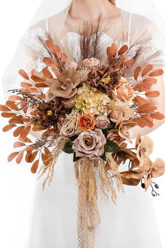 Lisuun Wedding Bouquets for Bride, 16 Inches Wedding Flower Bouquet, Silk Round Bridal Bouquet for Wedding, Ceremony, Anniversary - color: Light Coffee&dark Coffee
