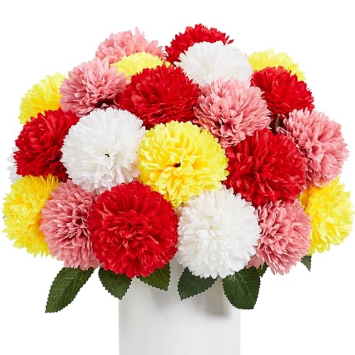 SITUMEIZI 12 Pcs Artificial Chrysanthemums Flowers Colorful Ball Flower Fake Mums Silk for Wedding Home Kitchen Decoration Floral Arrangement(Pink,Red,Orange,White) - color: Pink,red,yellow & White, size: 12 Pieces
