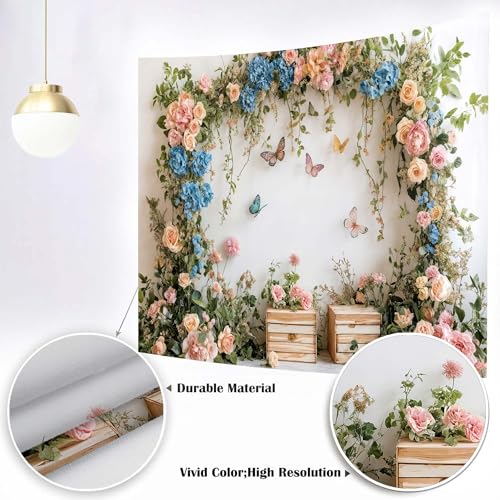 5x3ft Flower Butterfly Birthday Backdrop Spring Colorful Scenic Floral Flowers Wall Photography Backdrops Butterfly Fairy Tale Wedding Decoration Kids Birthday Party Background Photoshot - color: White, size: 5X3FT