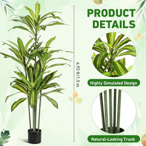 Giegxin 2 Pack 5 FT Artificial Dracaena Tree, Indoor Fake Tree with Black Stable Planter, Natural Wood Trunk & Lifelike Leaves Dracaena Plants for Home Living Room Porch Office Housewarming Gift - size: 5 ft