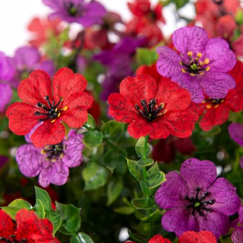 Artificial Silk Flowers Hanging Baskets Outdoors Indoors, Daisy with Eucalyptus Leaves Arrangement for Garden Yard Spring Summer Decor Faux Green Plant Metal Coconut Lining (Red Purple Red Brown) - color: Red Purple & Red Brown