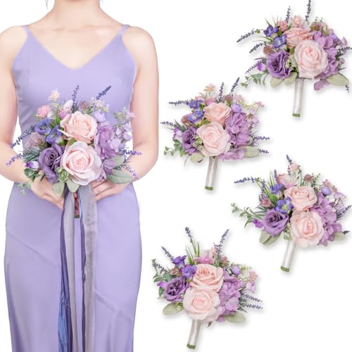 TINGE TIME Bridesmaid Bouquets for Wedding Set of 4 Violet&Mistyrose 7 Inch Wedding Bouquets Artificial Silk Flowers Bridal Bouquets for Bridesmaids, Wedding Decor, Anniversary - color: Violet & Misty Rose