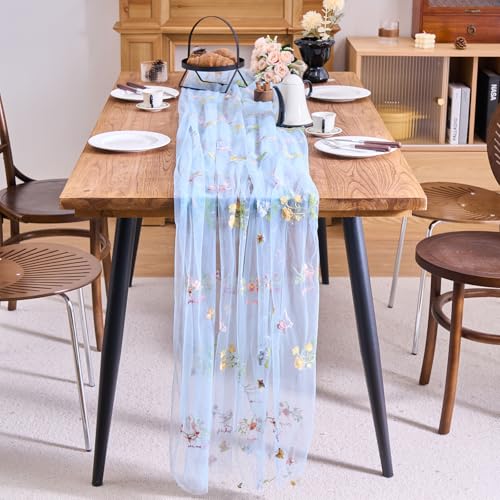 vctops 2 Packs Embroidery Lace Fall Table Runner 10ft Floral Garden Seasonal Tulle Table Runner Holiday Kitchen Dining Table Decoration for Wedding Party Baby Shower Birthday (Blue,30"x120") - color: Blue