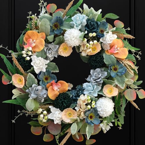 22 Inch Spring/Summer Floral Wreaths for Front Door,Artificial Valentines Day Wreath with Roses Dahlias Gardenias phalaenopsis for Home Wall Window Wedding Party Festival Decor - color: Wreath