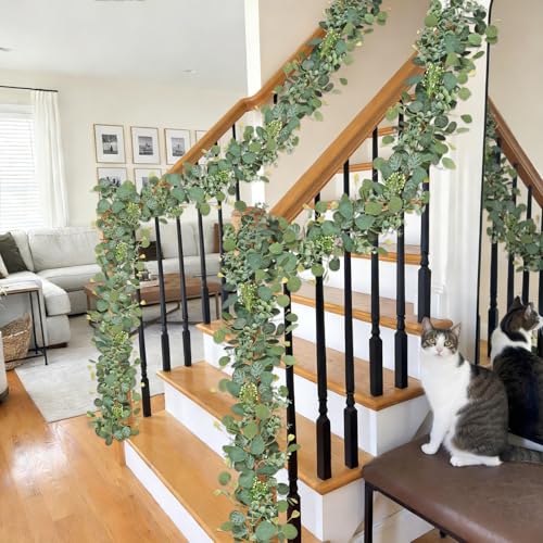 5.9FT Eucalyptus Garland,Artificial Greenery Garland with Berries,Green Spring Garland Decorations,Fake Silver Dollar Eucalyptus Leaves Wreath Garland for Table Home Mantle Wedding Decor - size: 1PCS