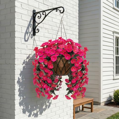 Artificial Flowers for Outdoors Fake Hot Pink Morning Glory Hanging Flower Decoration, 2Pcs Realistic Faux Plants Petunias Long Trailing Vines,Spring Decor for Porch Patio Balcony Planter Yard - color: Morning Glory - Hotpink