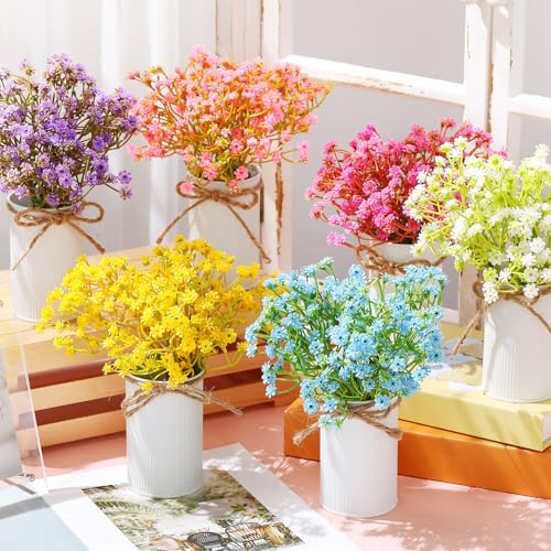 Wavwavw 6 Set Babys Breath Artificial Flowers Centerpieces for Tables Gypsophila Faux Fake Flowers with Vase Floral Arrangement Bouquets for Wedding Dining Table Home Party Decor - color: Pastel Color, size: Baby's Breath